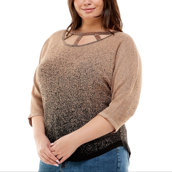 Adrienne Vittadini Three Quarter Sleeve Sweater With Cage Neck and Rhinestones - Picture 8 of 11